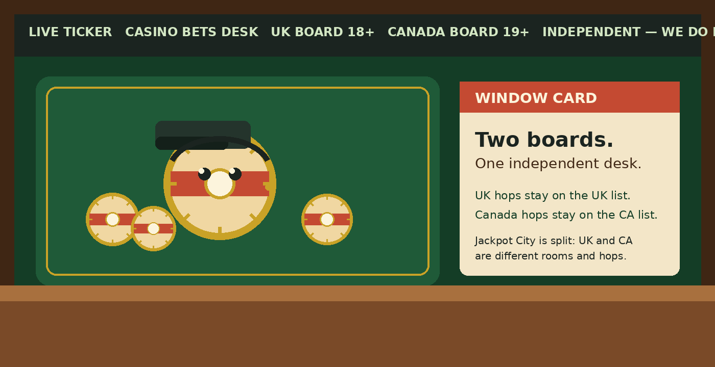 Oak betting window, felt blotter, stacked chips and a visor-wearing cartoon chip